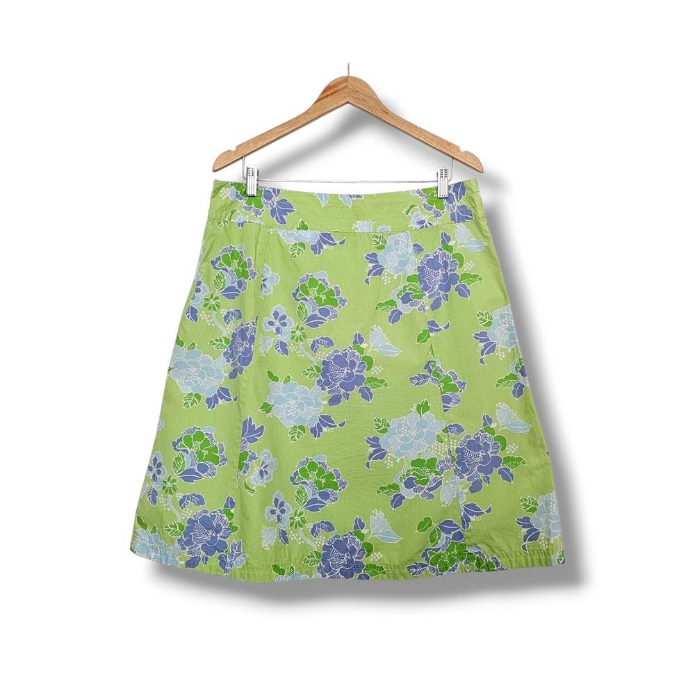 Eddie Bauer Skirt 16 Womens Green Floral A-Line Cotton Garden Cottage Preppy